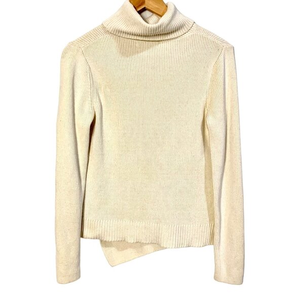Asymmetrical Ribbed Turtleneck Side Zip Sweater XS Cream Knit Texture Neutral - Picture 5 of 10